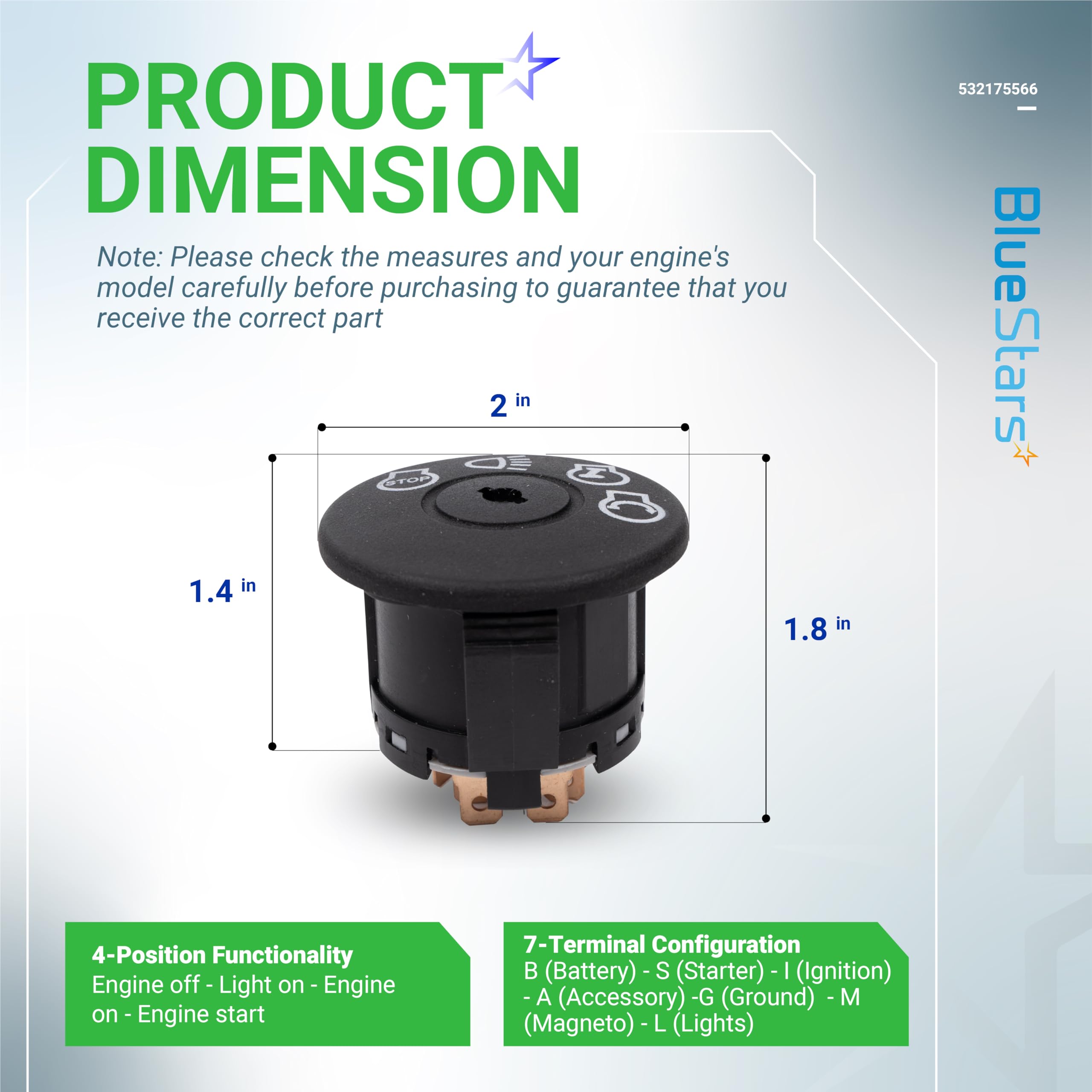 BlueStars ignition switch with two keys for secure, ready-to-use operation.