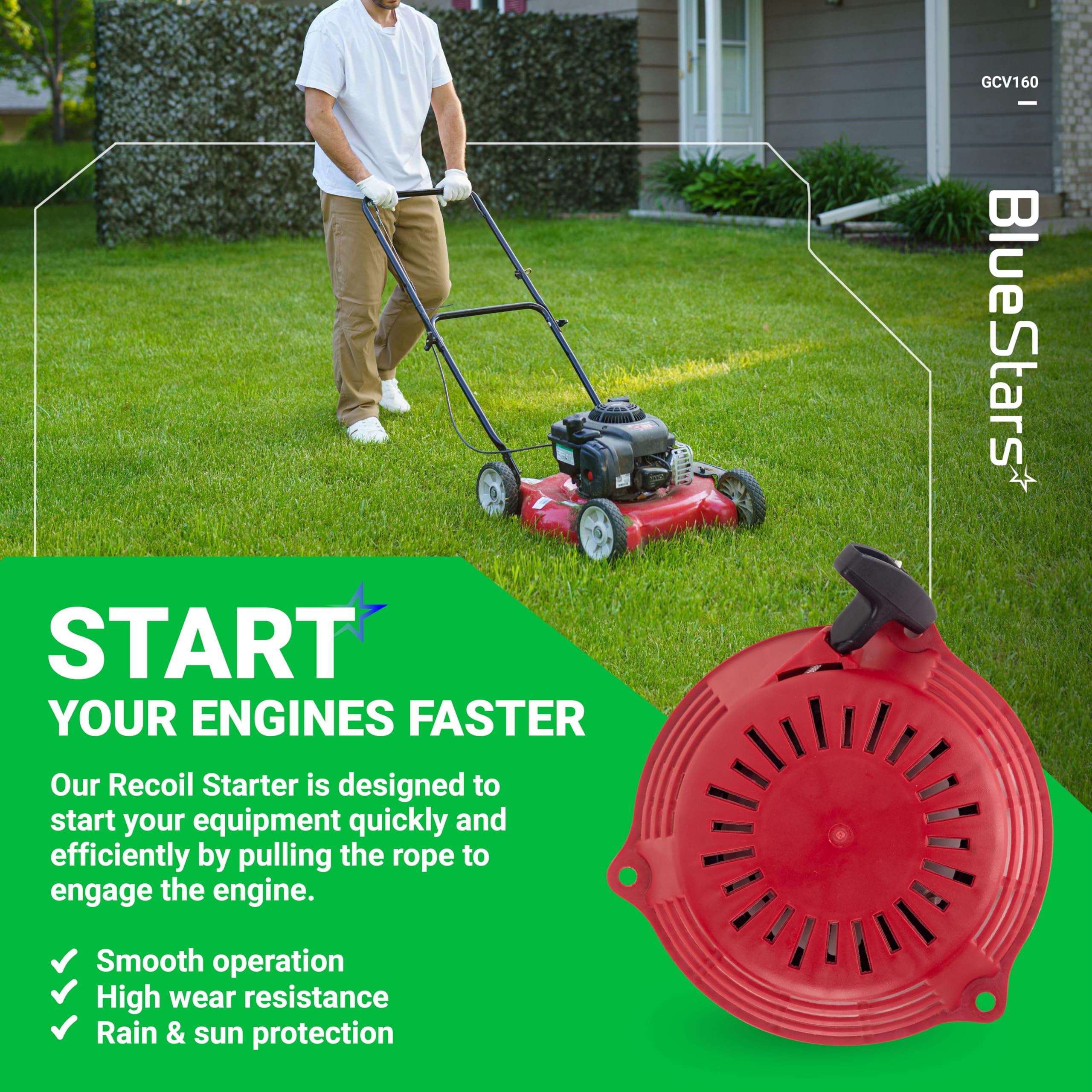 BlueStars lawn mower engine usage in action for quick starts.
