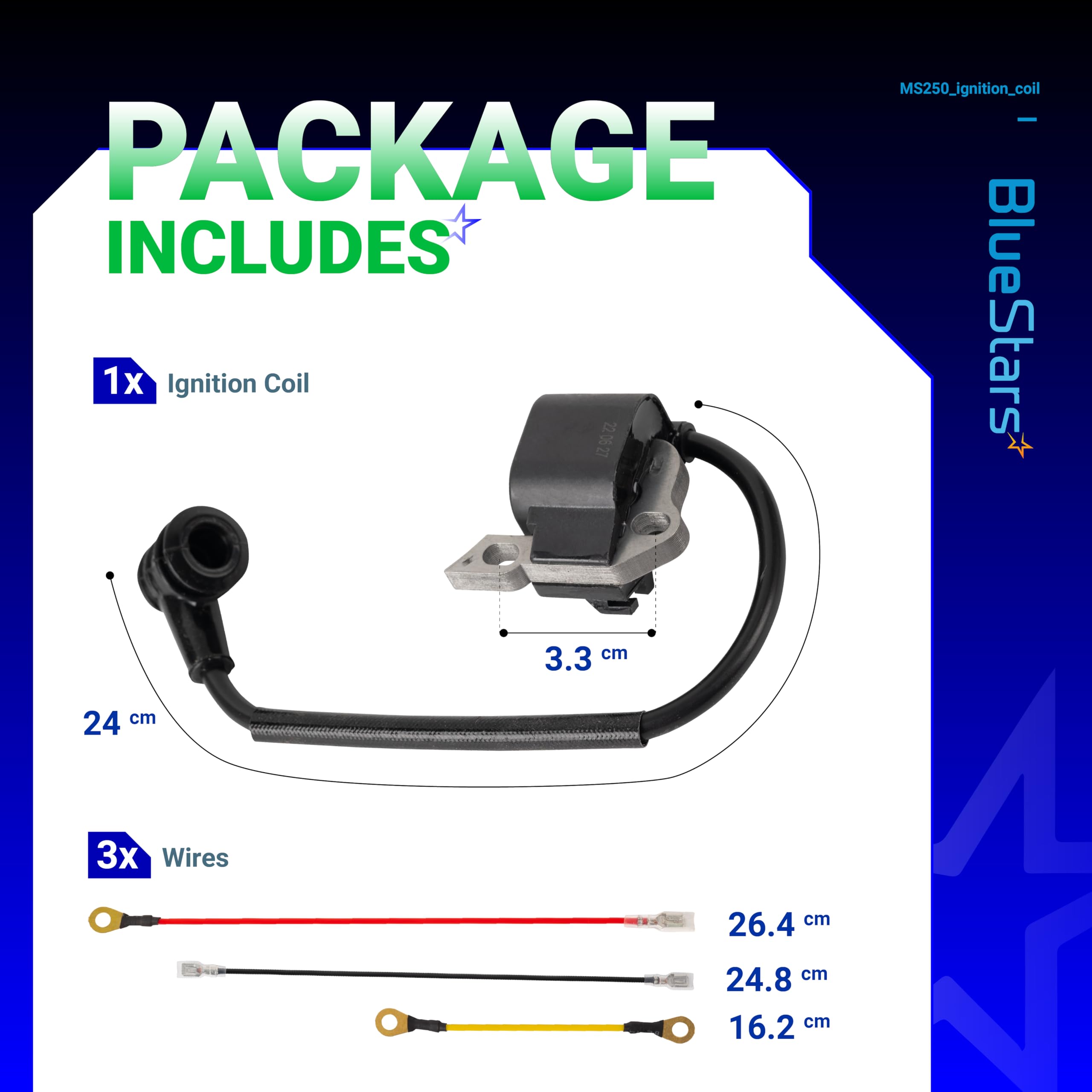 BlueStars MS210 ignition coil closeup highlights corrosion-resistant alloy and fast spark response.