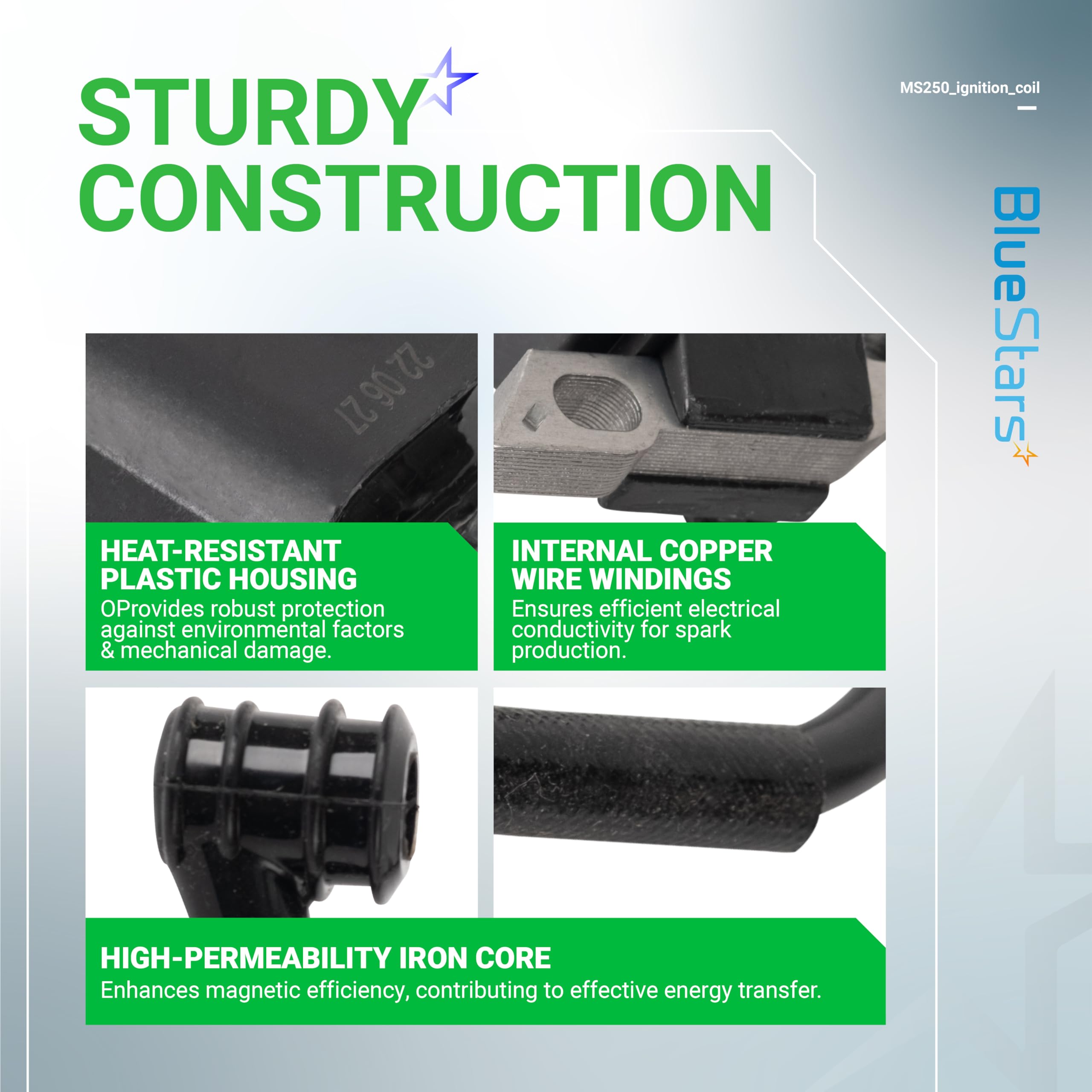 BlueStars MS230 ignition coil sideview emphasizes square-type fit for Stihl models.
