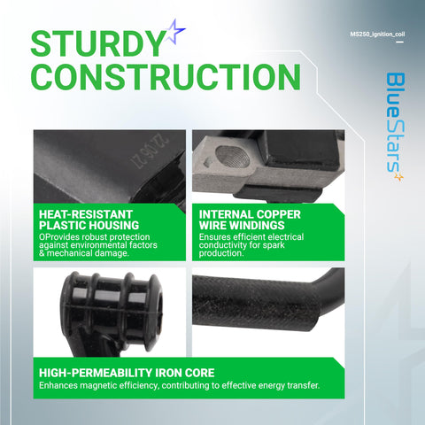 BlueStars MS230 ignition coil sideview emphasizes square-type fit for Stihl models.