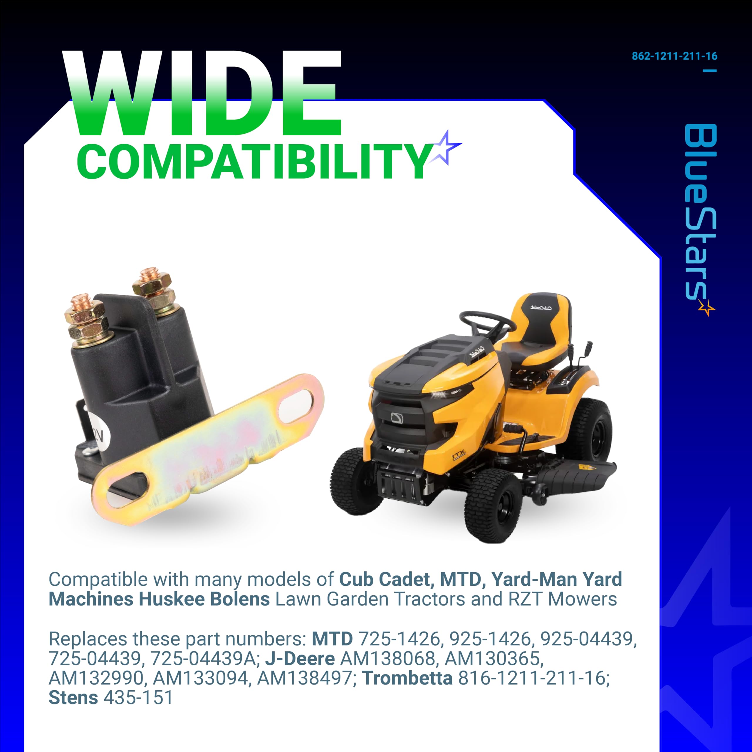 BlueStars MTD and John Deere compatible relay supports reliable starts across lawn tractors.
