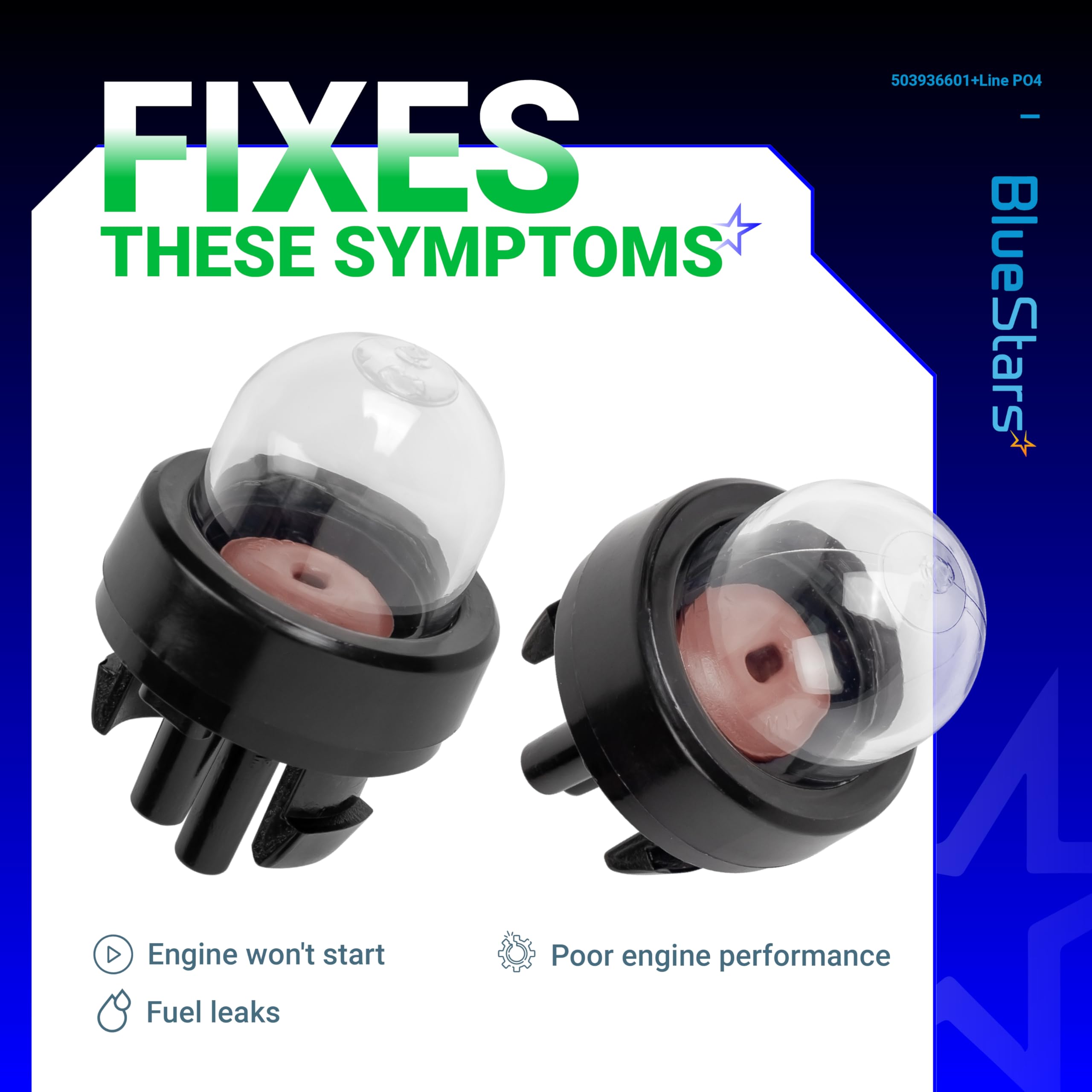 BlueStars packaging contents showing four bulbs and four fuel lines.