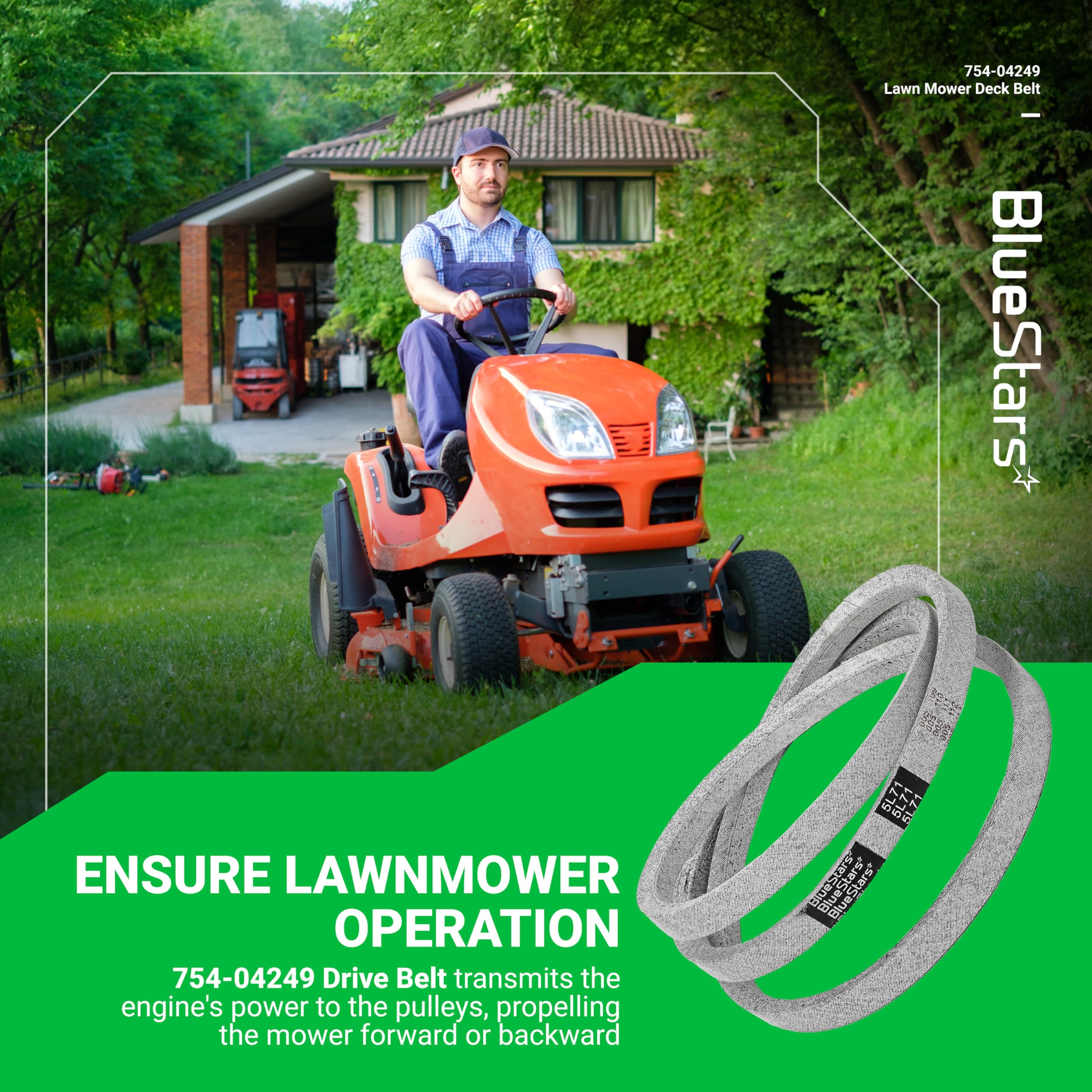 BlueStars Pony 42X belt close-up illustrating broad lawn tractor compatibility