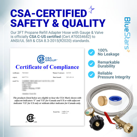 BlueStars propane hose showing on/off valve for controlled gas flow