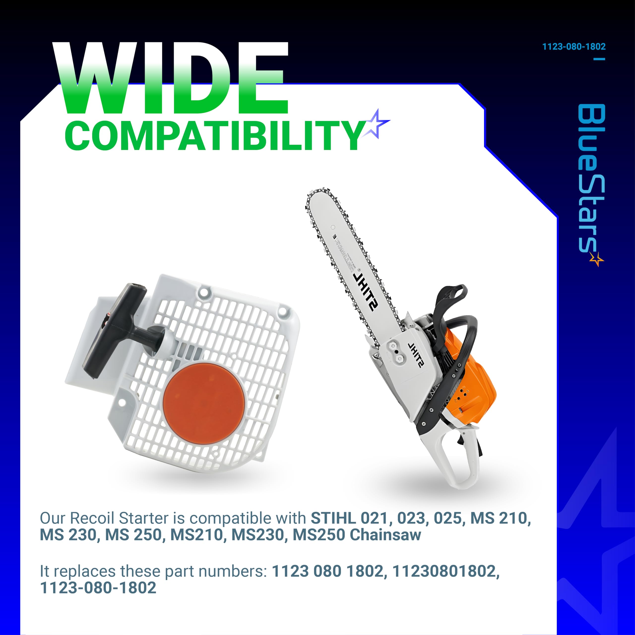 BlueStars pull-start assembly with nylon rope supports reliable retraction.