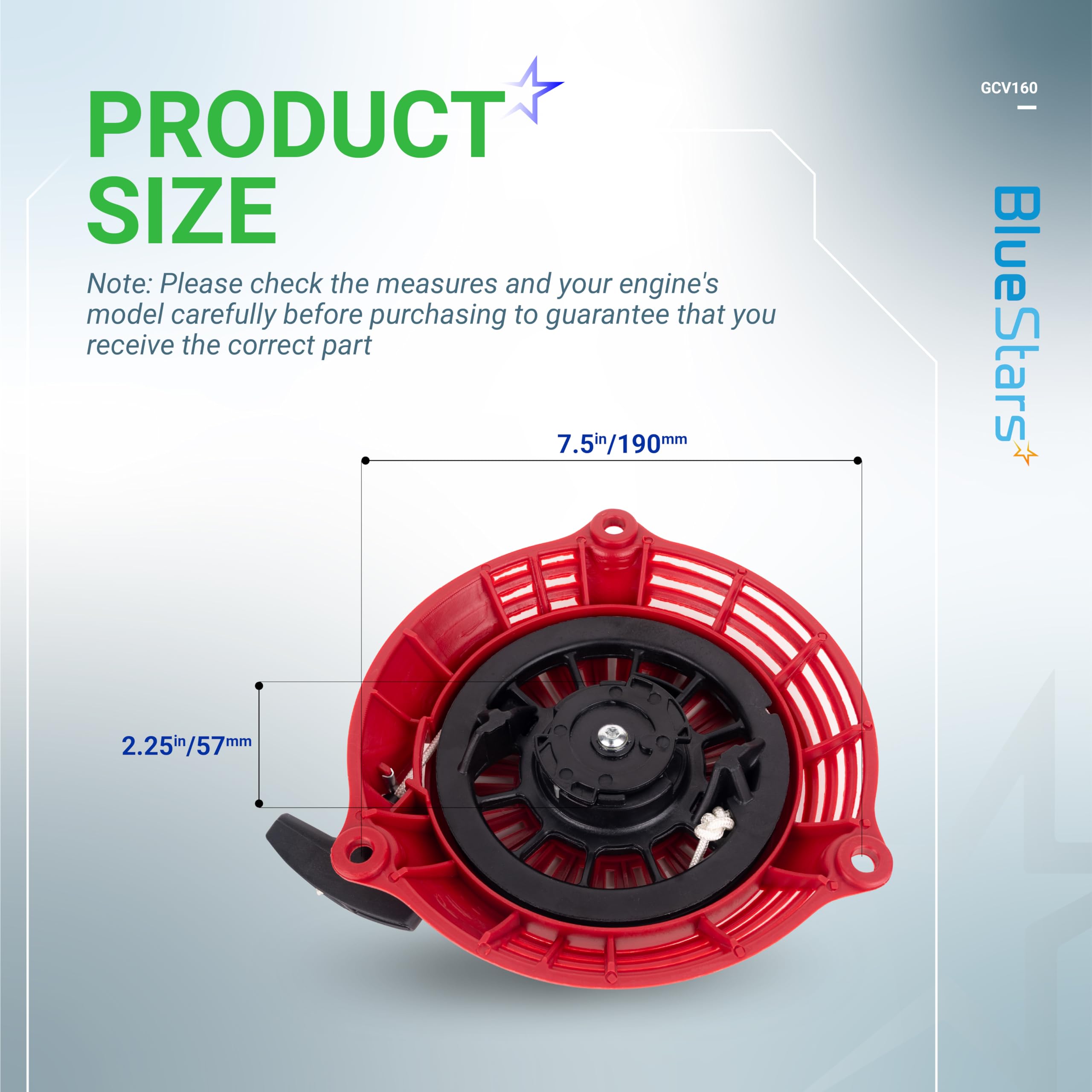 BlueStars recoil starter front view shows sturdy housing and reliable pull mechanism.