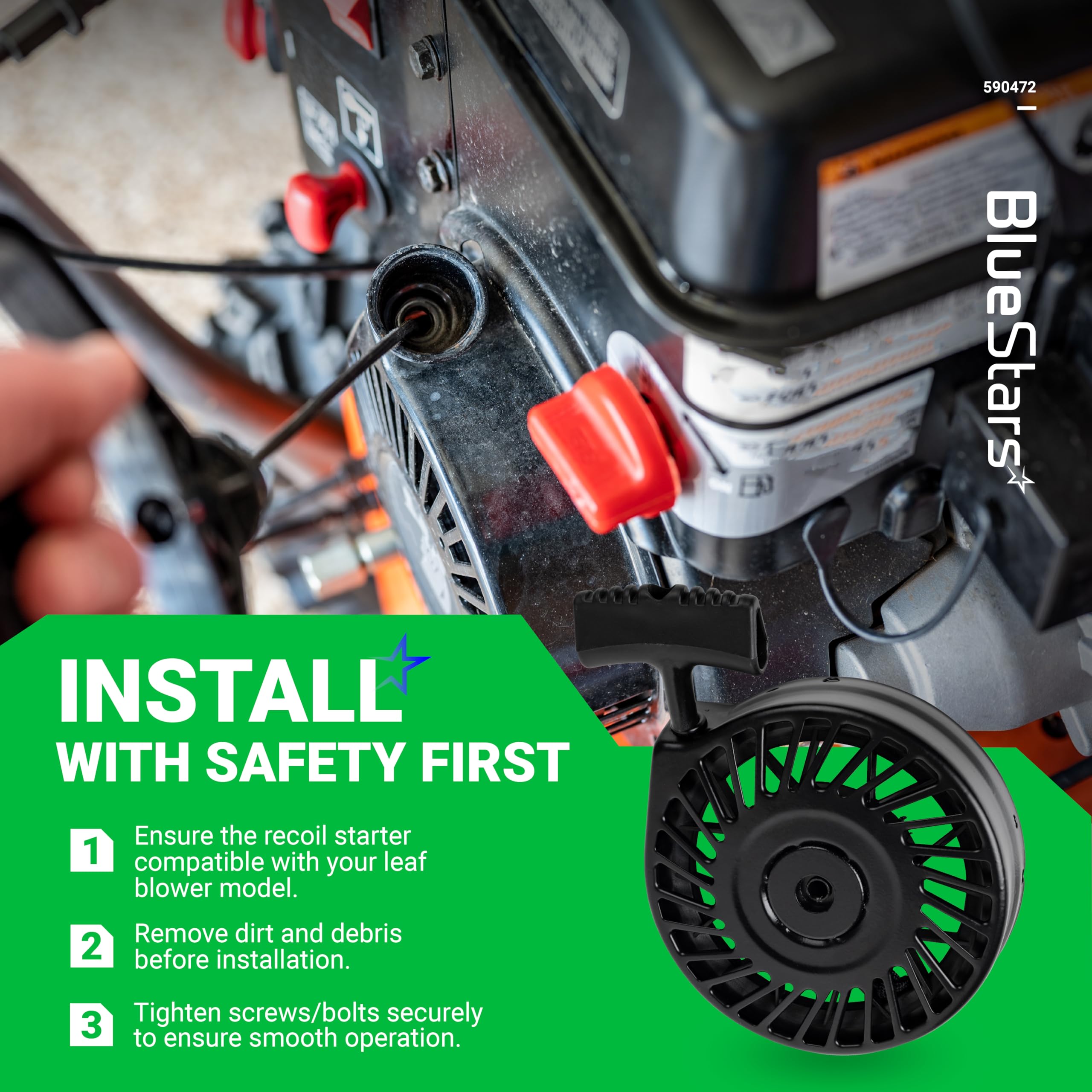 BlueStars recoil starter installed on a snowblower for reliable starts.
