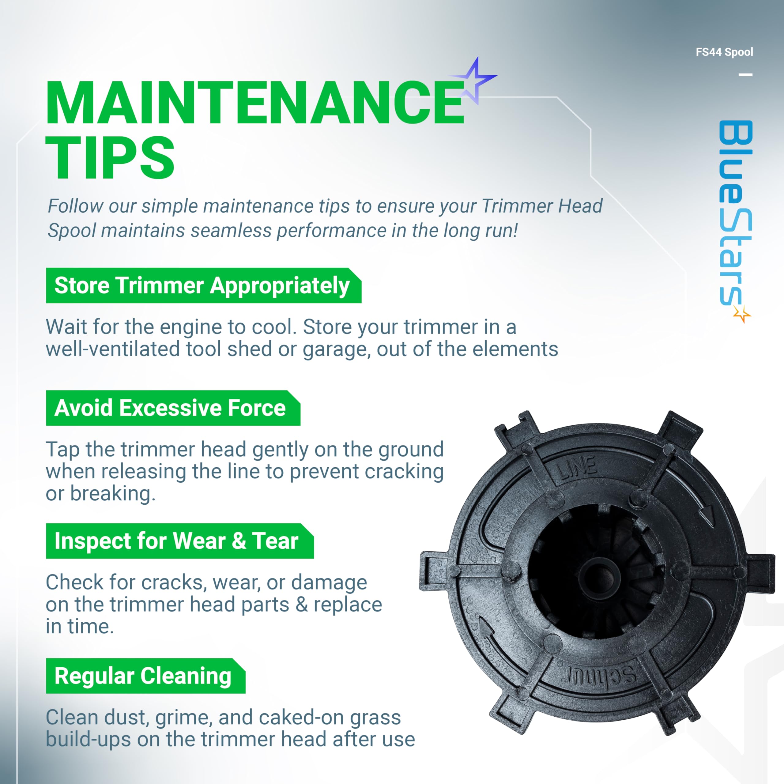 BlueStars high-impact ABS cap for durable performance in routine trimming.