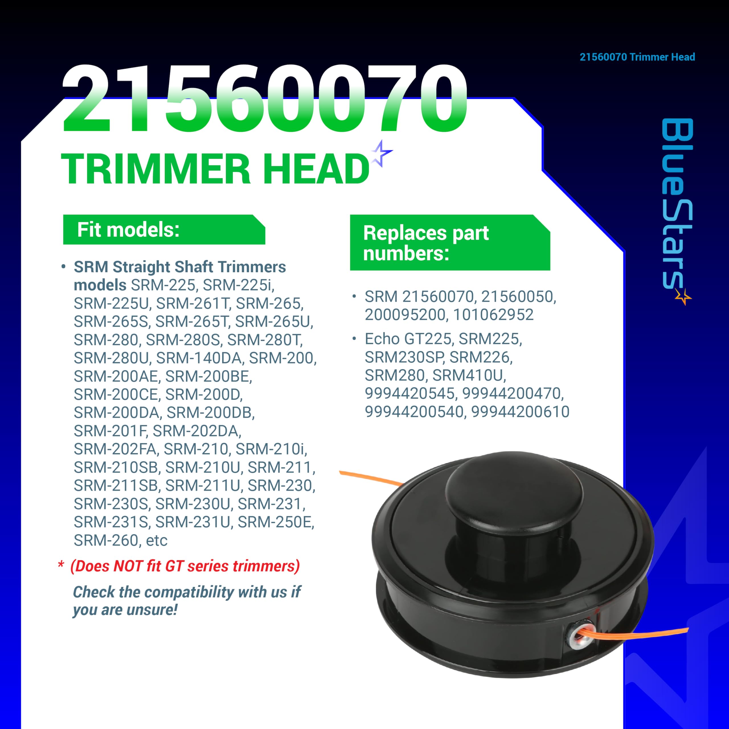BlueStars durable SRM head with metal and plastic for long-lasting performance.