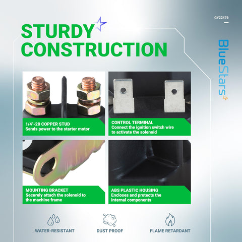 BlueStars 12V solenoid showcasing ABS plastic and iron construction for durability
