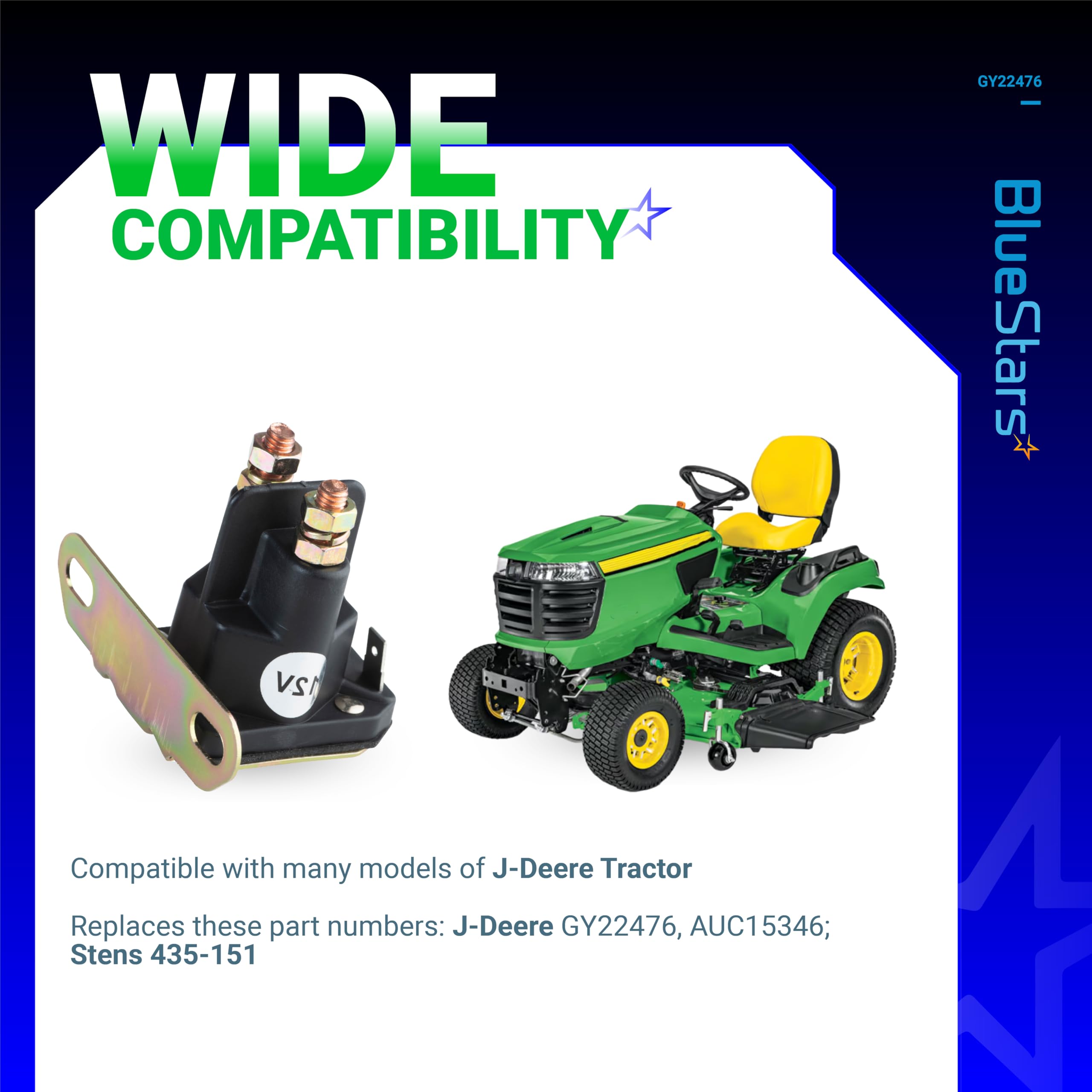 BlueStars 12V solenoid easy-to-install on compatible JD models