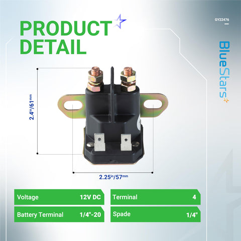 BlueStars 12V starter solenoid shown with John Deere compatibility for D100–D170