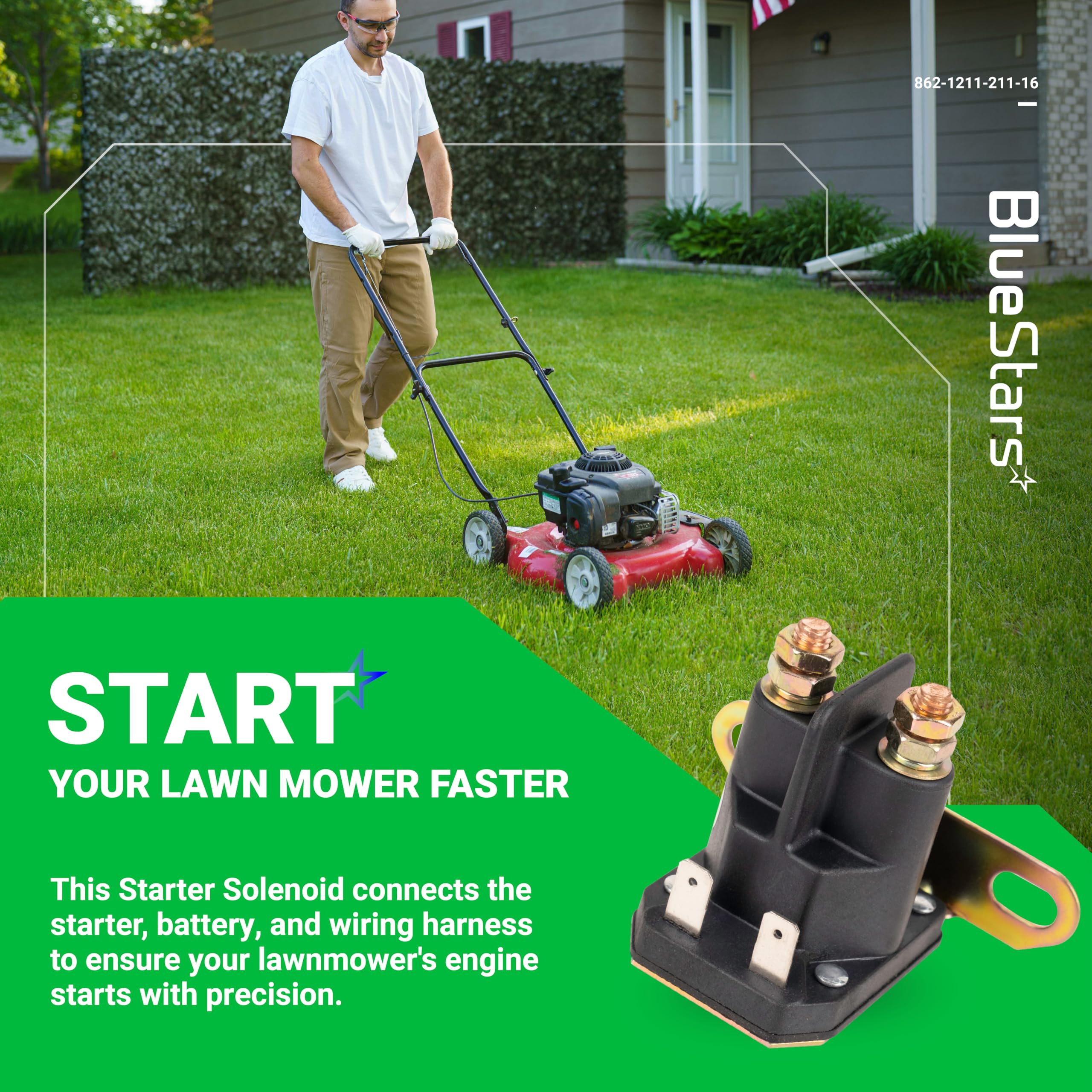 BlueStars starter solenoid mounted on a mower illustrating quick, responsive switching.