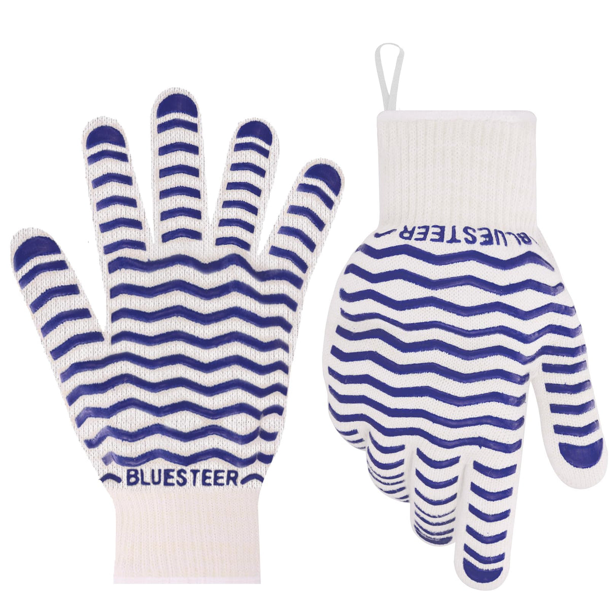BLUESTEER oven gloves with 932°F heat resistance protect hands when handling hot cookware.