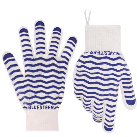 BLUESTEER oven gloves with 932°F heat resistance protect hands when handling hot cookware.
