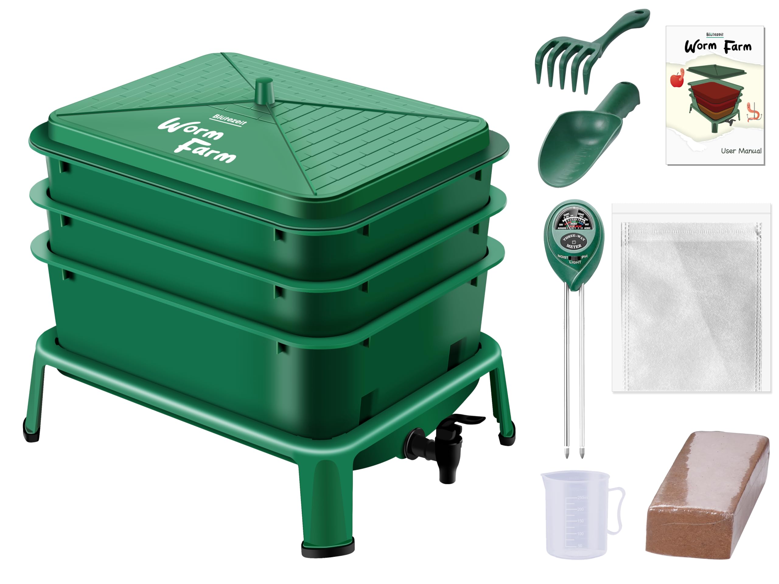 Blütezeit 3-Tray Worm Composter front view in green, ideal for compact indoor use.