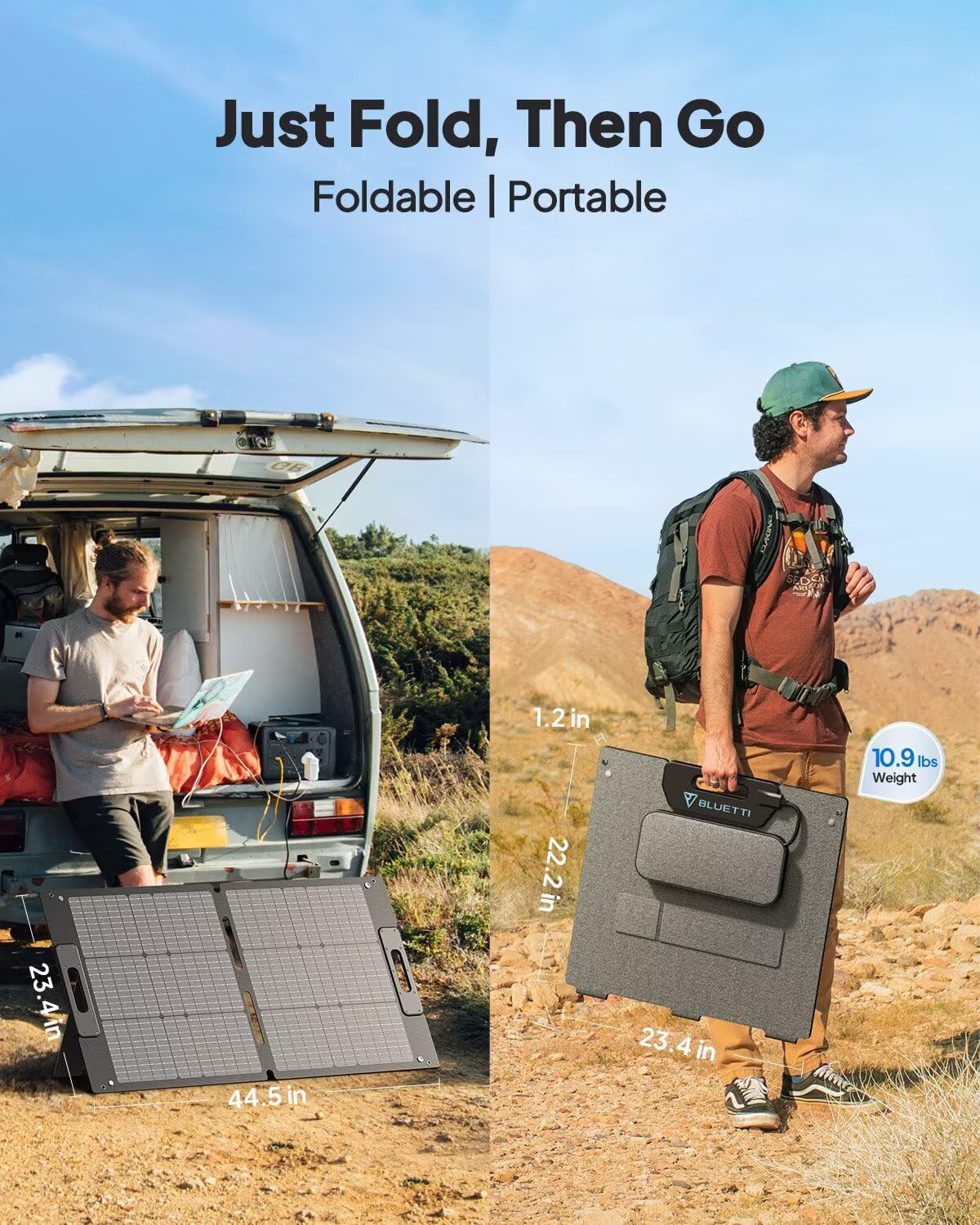 BLUETTI 100W solar panel compact dimensions fit in backpacks and gear.