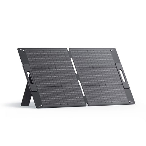 BLUETTI 100W solar panel folded for easy transport, ideal for RV trips.