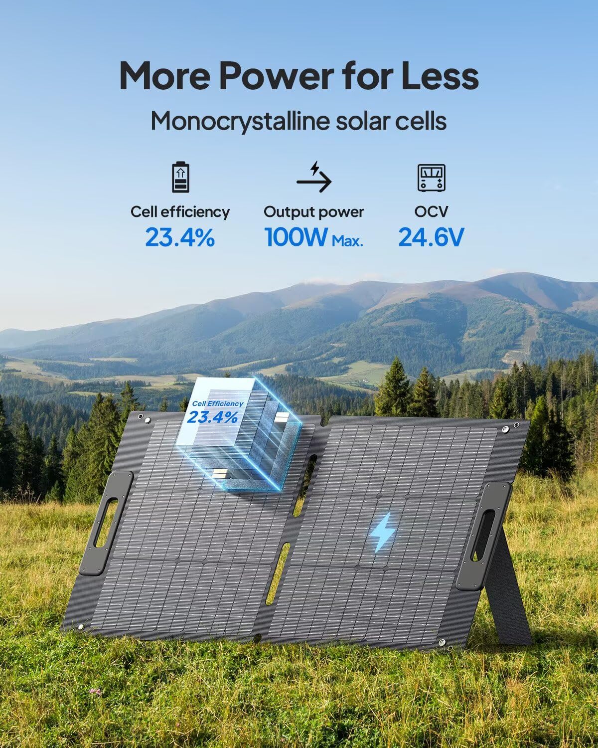 BLUETTI 100W solar panel portable setup for camping and outdoor adventures.
