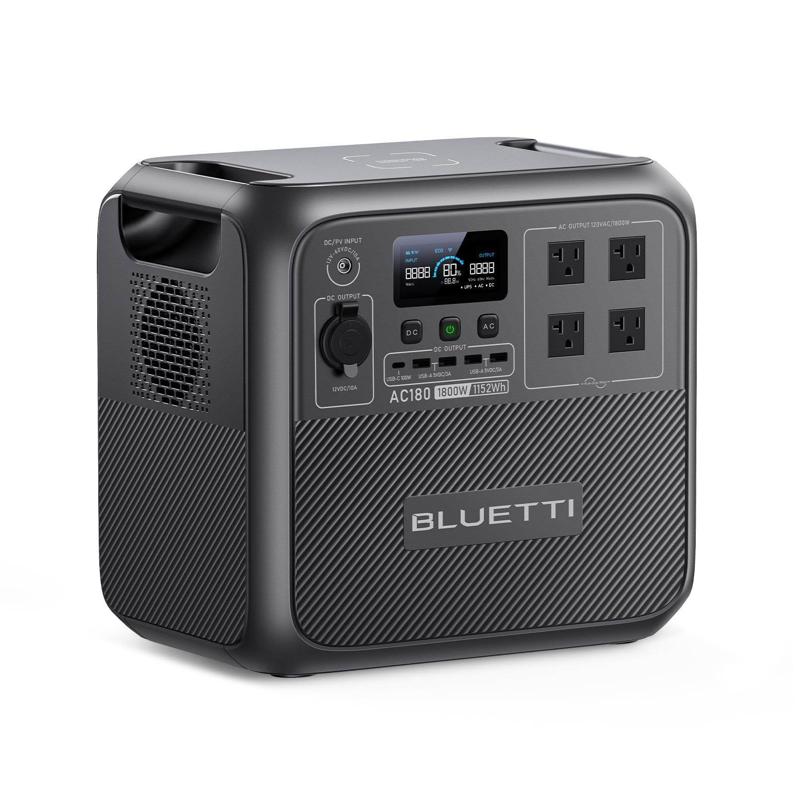 BLUETTI AC180 front panel shows status for easy monitoring