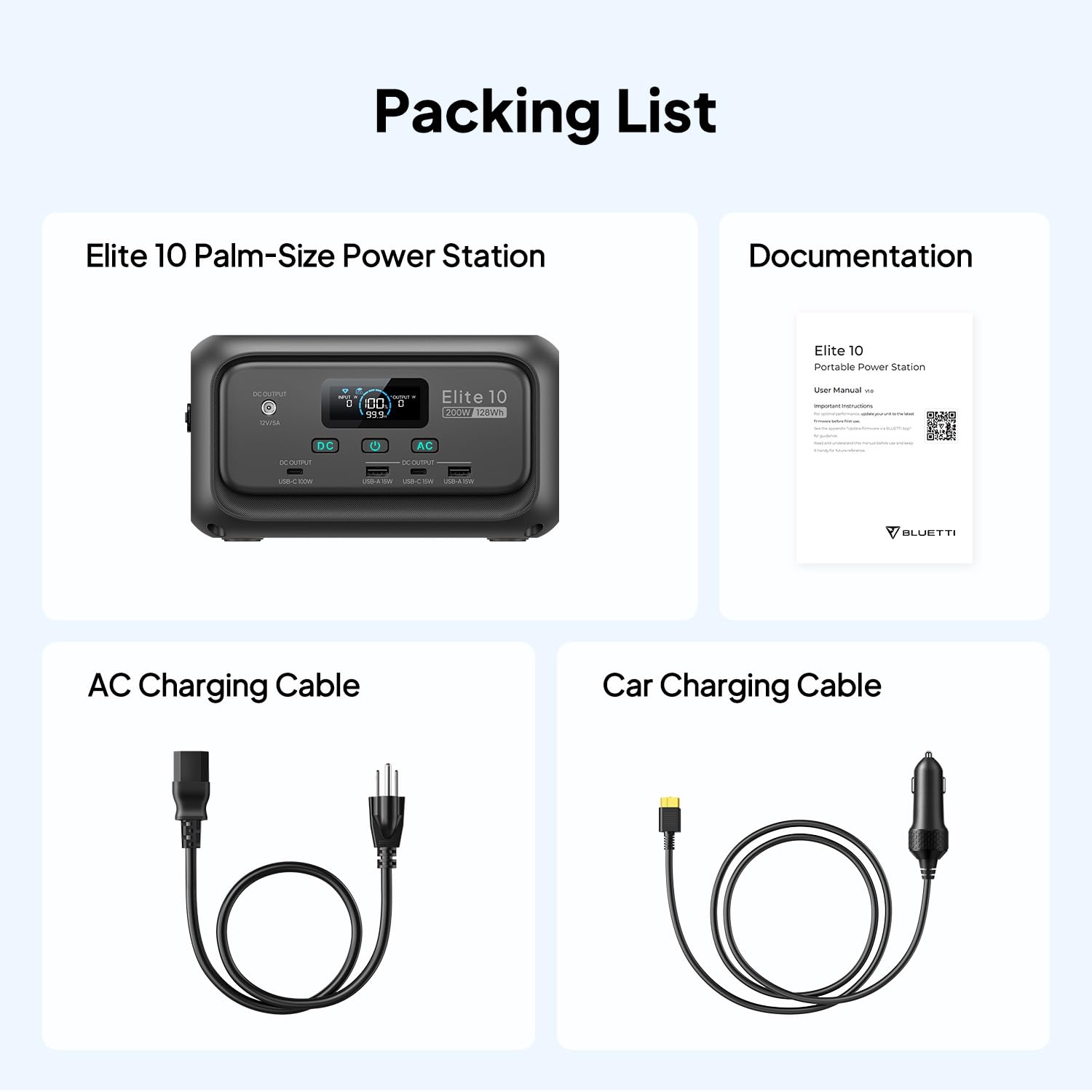 BLUETTI Elite 10 Mini included accessories for ready use.