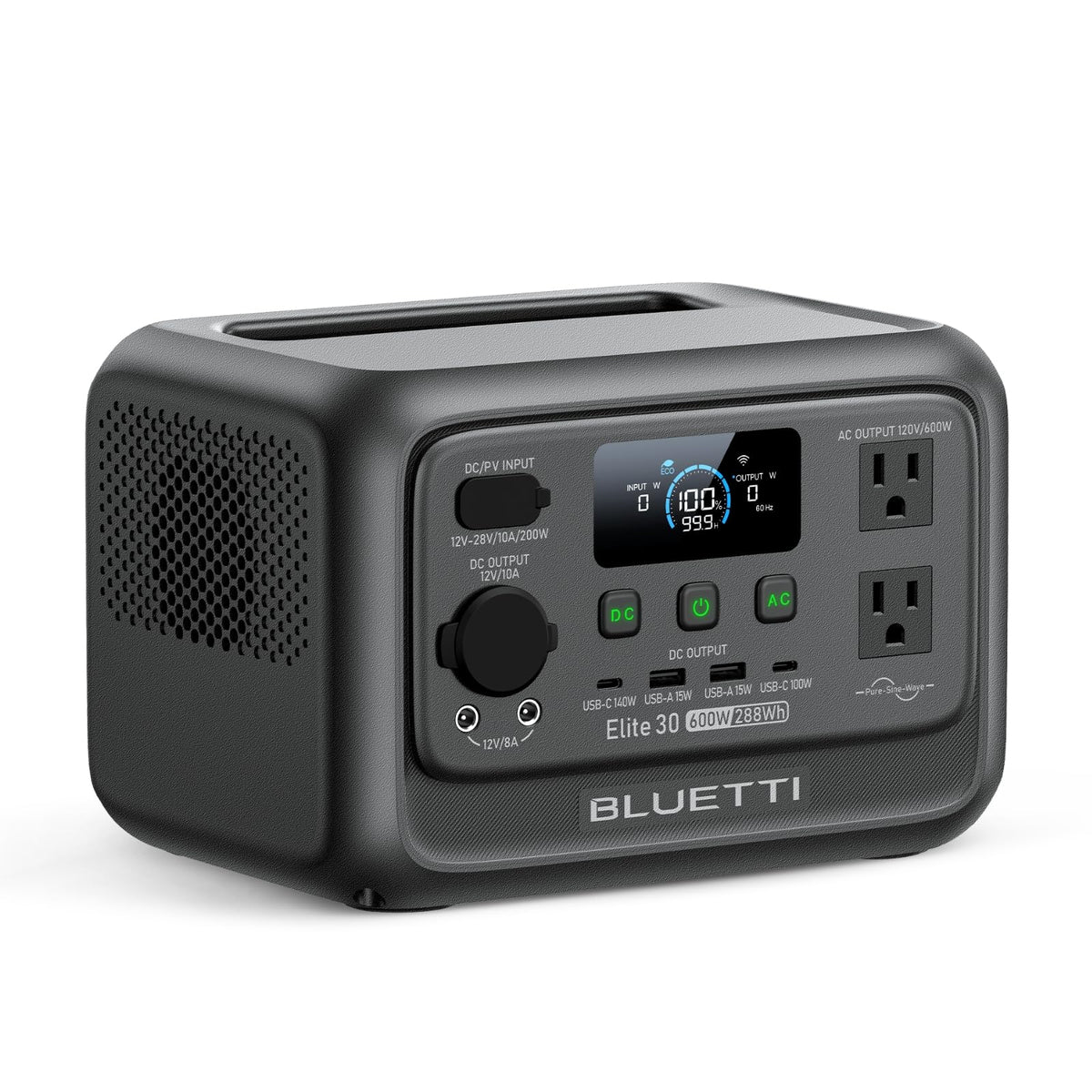 BLUETTI Elite 30 V2 front view shows compact portable power for on-the-go emergencies.