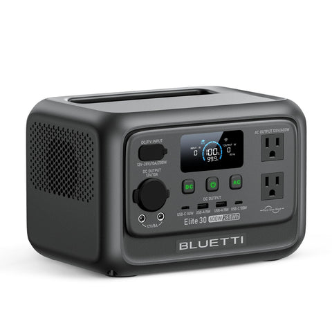 BLUETTI Elite 30 V2 front view shows compact portable power for on-the-go emergencies.