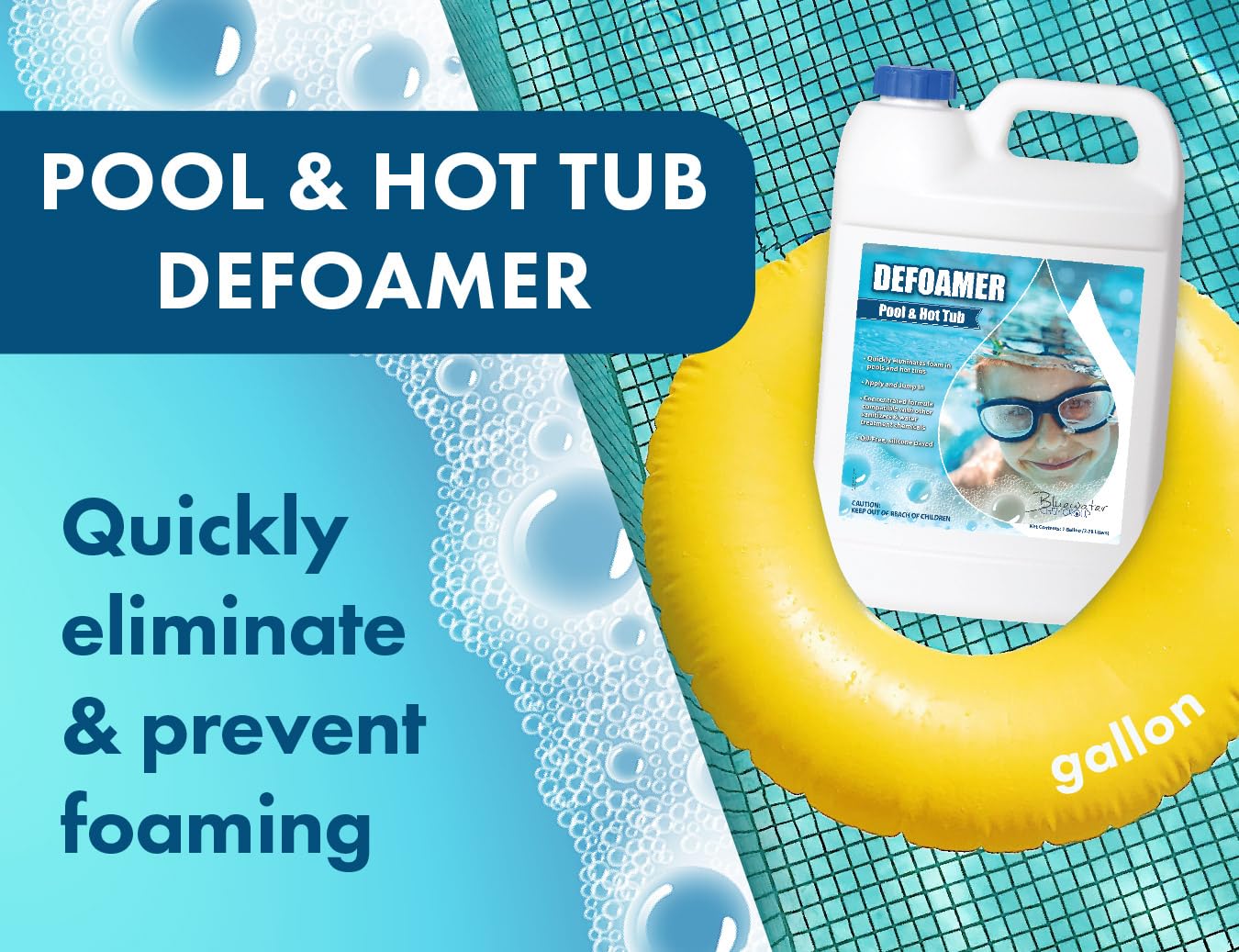 Bluewater Chemgroup foam elimination shown over a pool surface for quick cleanup