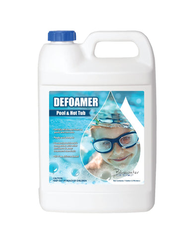 Bluewater Chemgroup pool defoamer bottle pours to reduce surface foam for immediate swimming