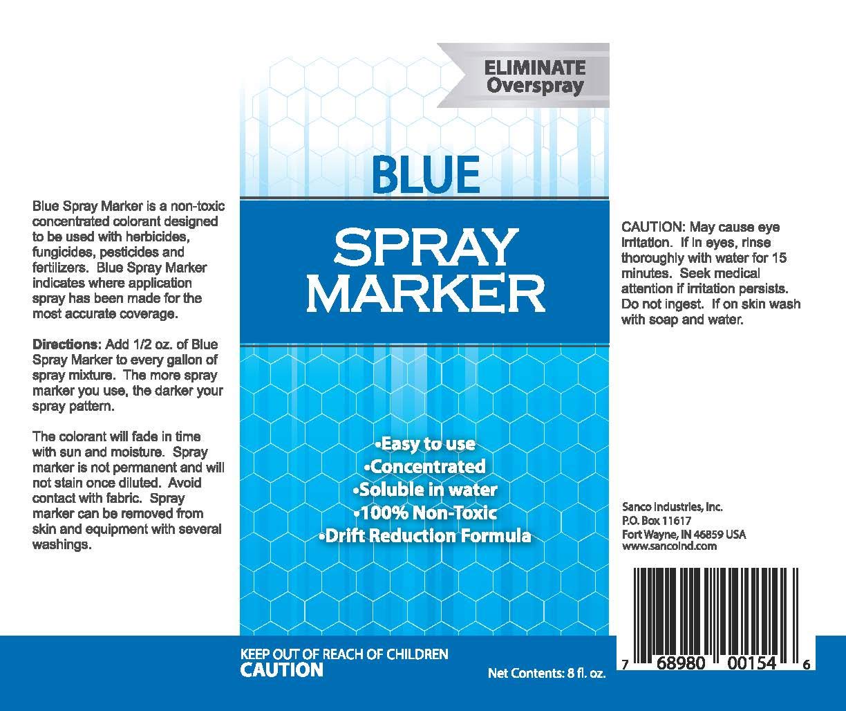 Product label closeup with usage guidance for Blue Spray Marker.