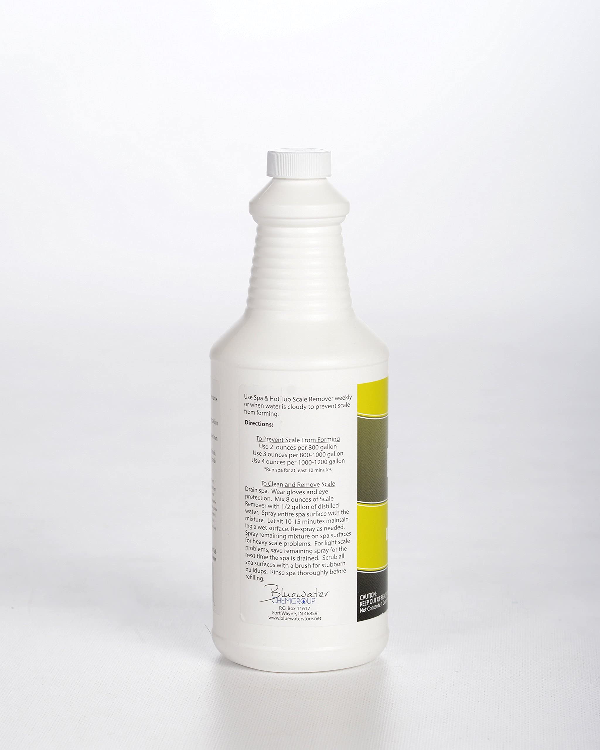 Bluewater Spa Scale Remover dosing cup showing safe measurement for maintenance