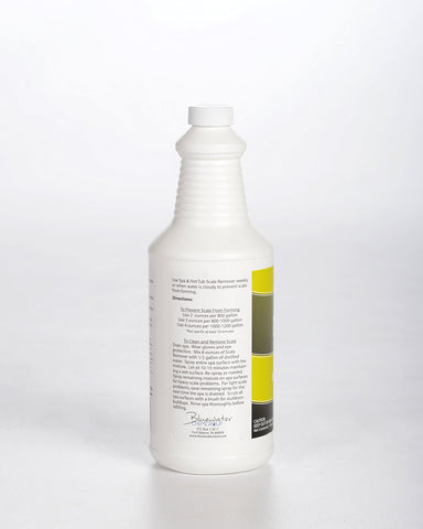 Bluewater Spa Scale Remover dosing cup showing safe measurement for maintenance