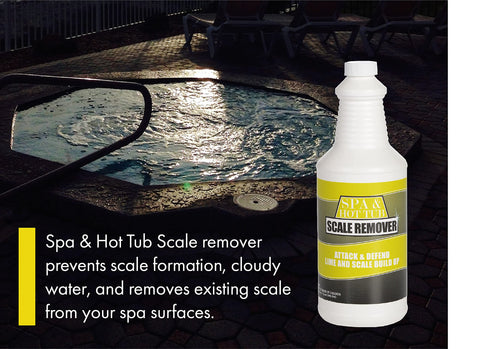 Bluewater Spa Scale Remover pouring action dissolving calcium buildup on spa surfaces