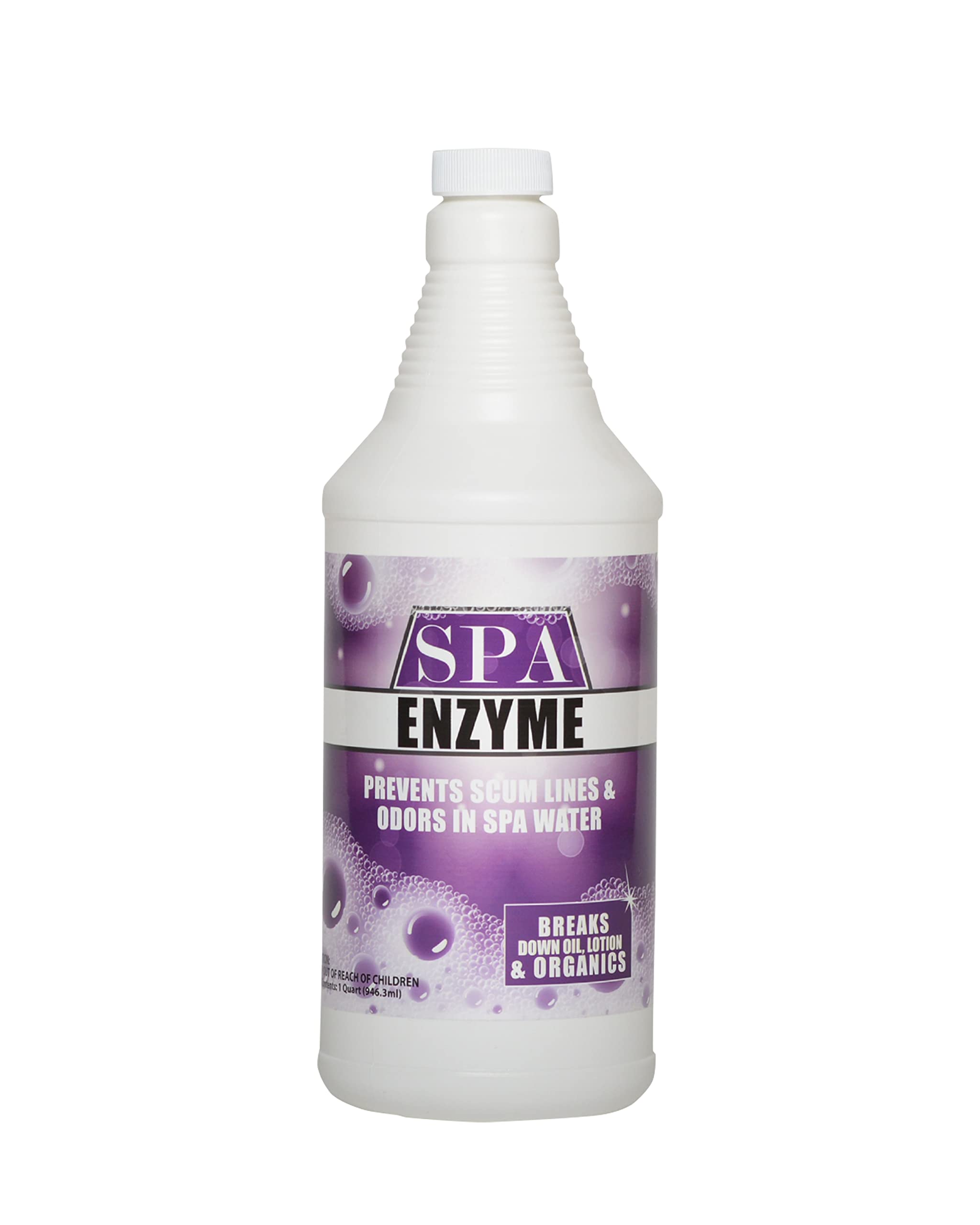 Bluewater Spa Enzymes bottle shows formula for cleaner spa water and easier maintenance.