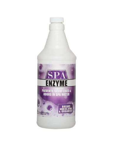 Bluewater Spa Enzymes bottle shows formula for cleaner spa water and easier maintenance.