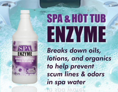 Bluewater Spa Enzymes pour demonstrates easy dosing to breakdown oils in tubs.