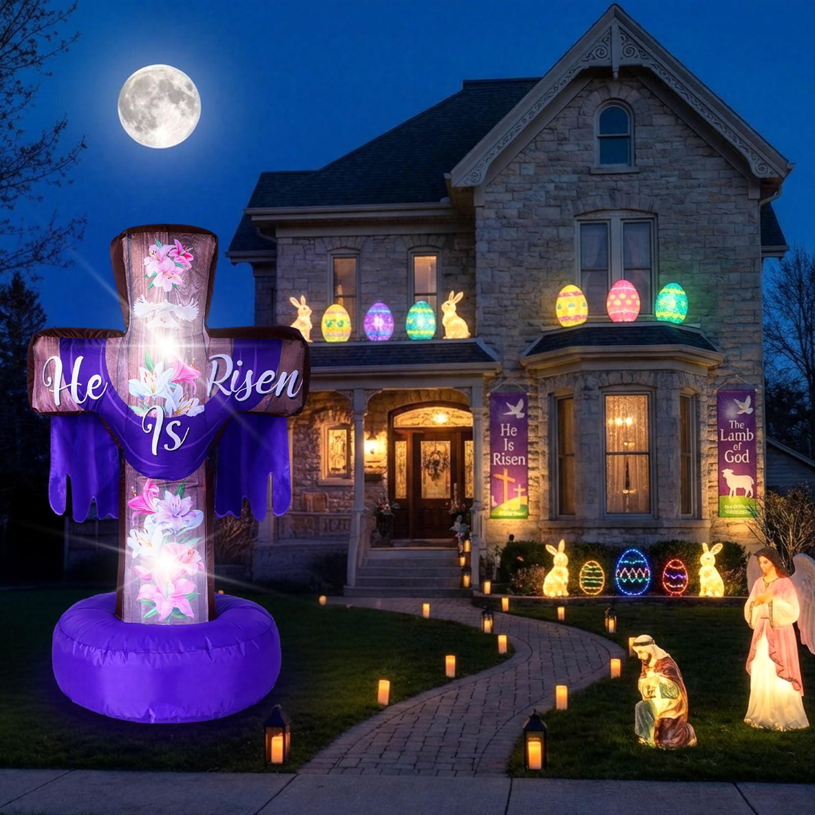 He Is Risen cross inflates quickly for a dramatic outdoor display