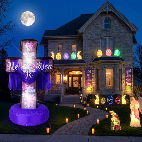 He Is Risen cross inflates quickly for a dramatic outdoor display