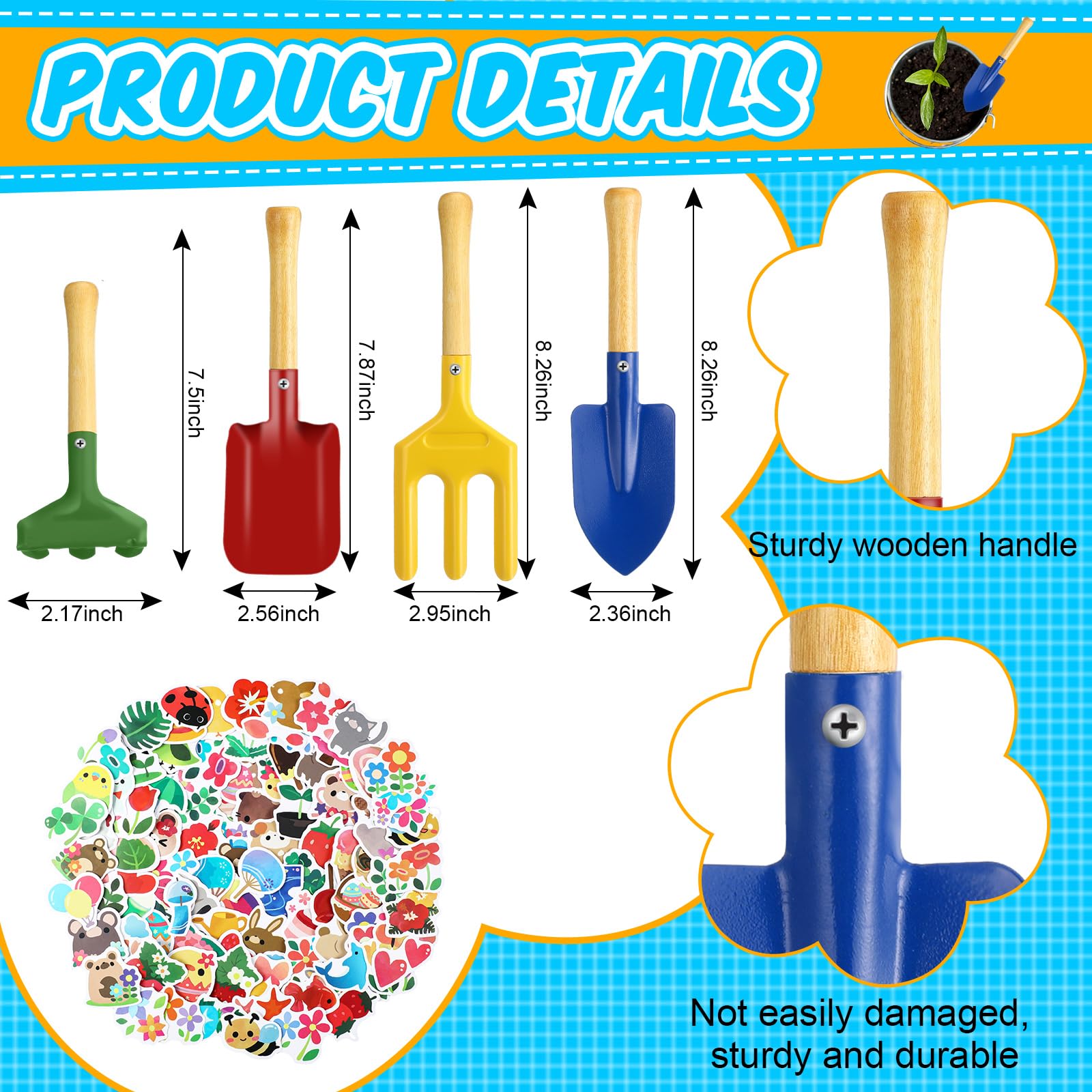 Blueweenly garden tools with wooden handles provide comfortable grip for kids.