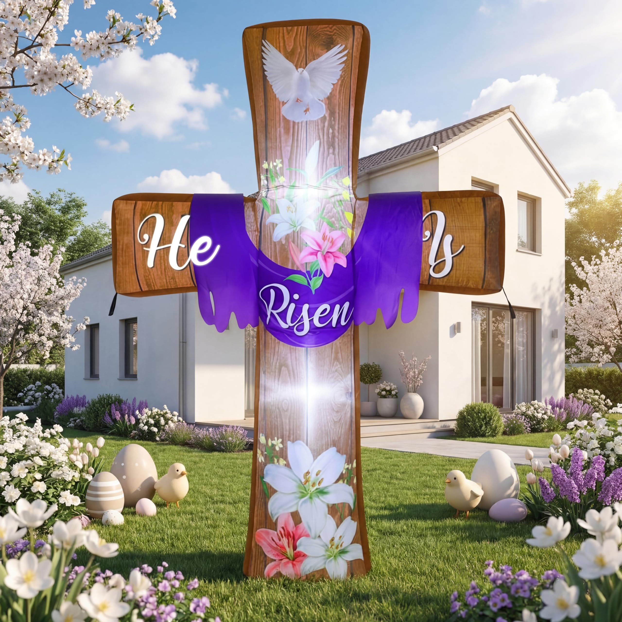 Blueweenly Resurrection scene inflatable cross adds a solemn focal point.