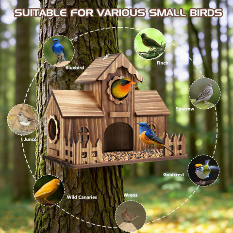 BlueYu birdhouse offers an entrance perch and accessible nesting area.