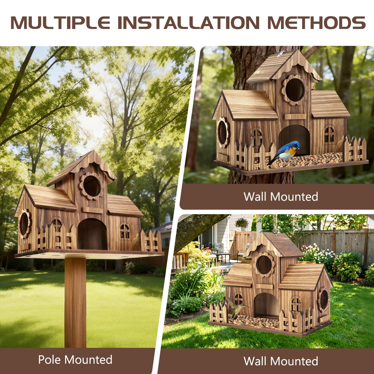 BlueYu birdhouse's spacious four-hole design accommodates multiple small birds.