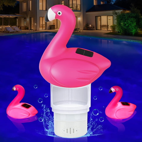 Blufree Flamingo Floater glowing at night for ambient pool lighting