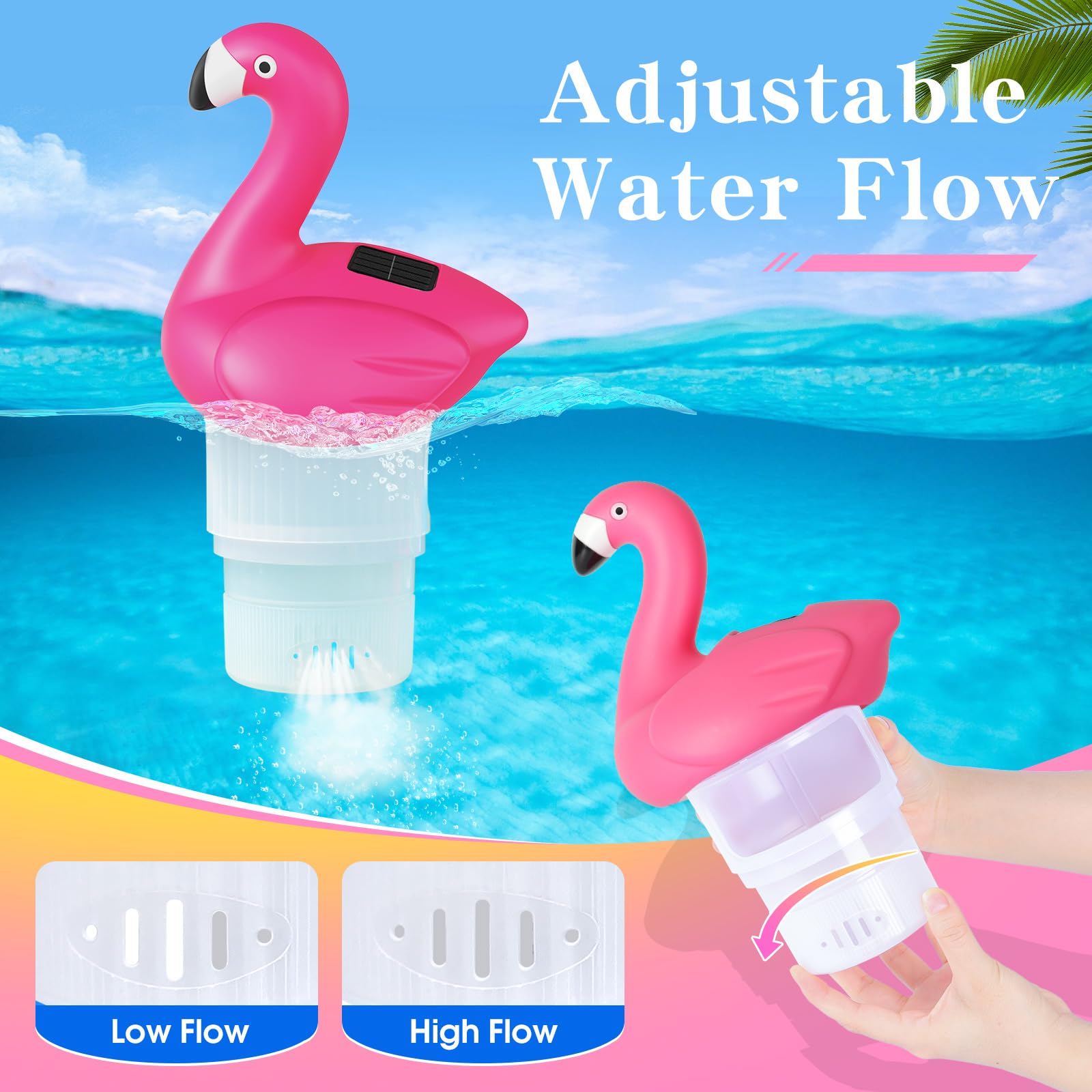 Blufree Flamingo Floater open cap for quick chlorine tablet loading