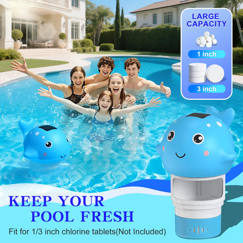 Blufree Whale chlorine floater lit at night with glow-in-the-dark ambiance