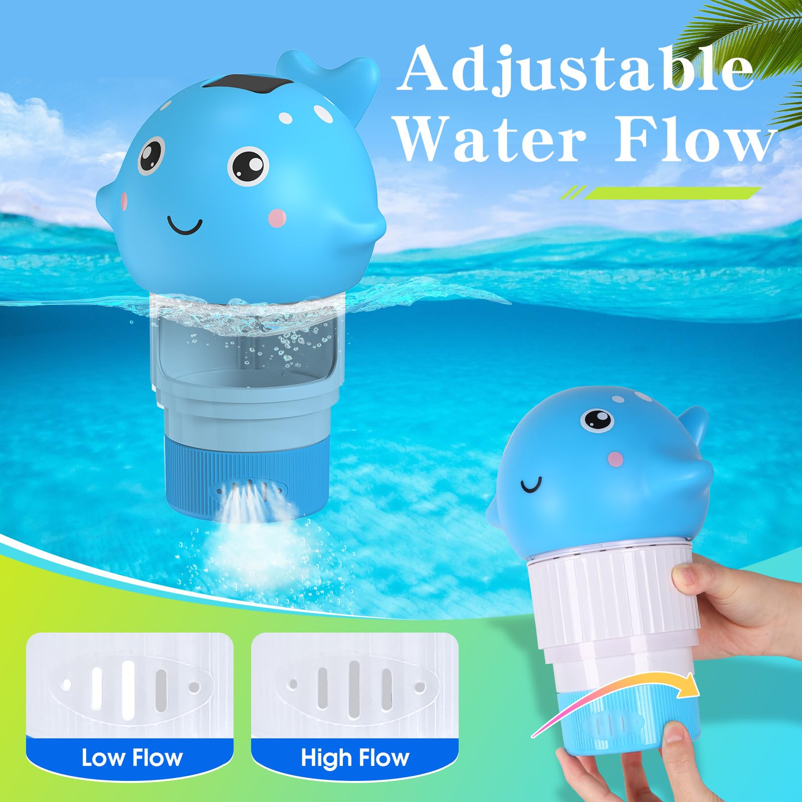 Blufree Whale chlorine floater open cap shows 3-inch tab compatibility