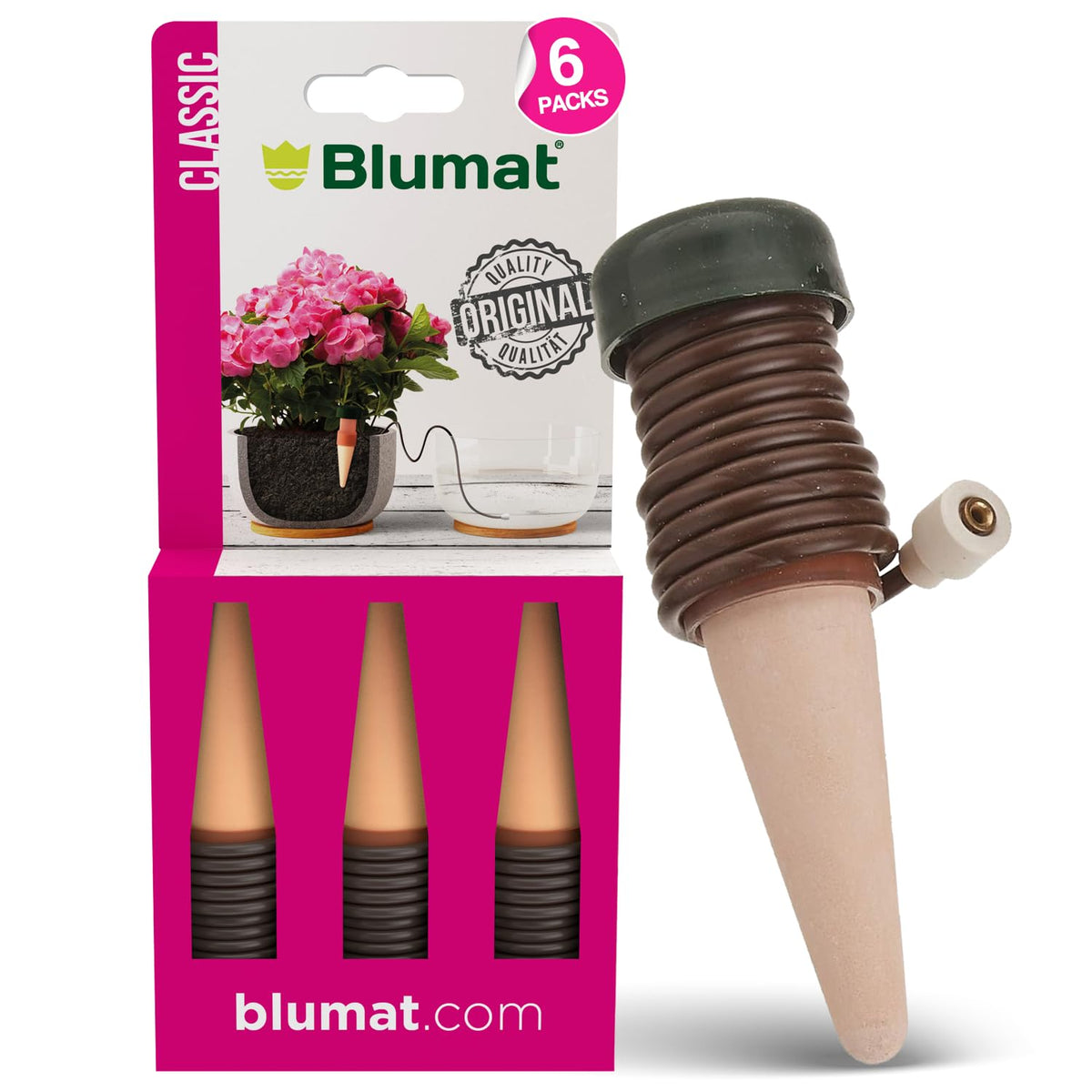 Blumat Classic stake beside pot showing setup for consistent moisture
