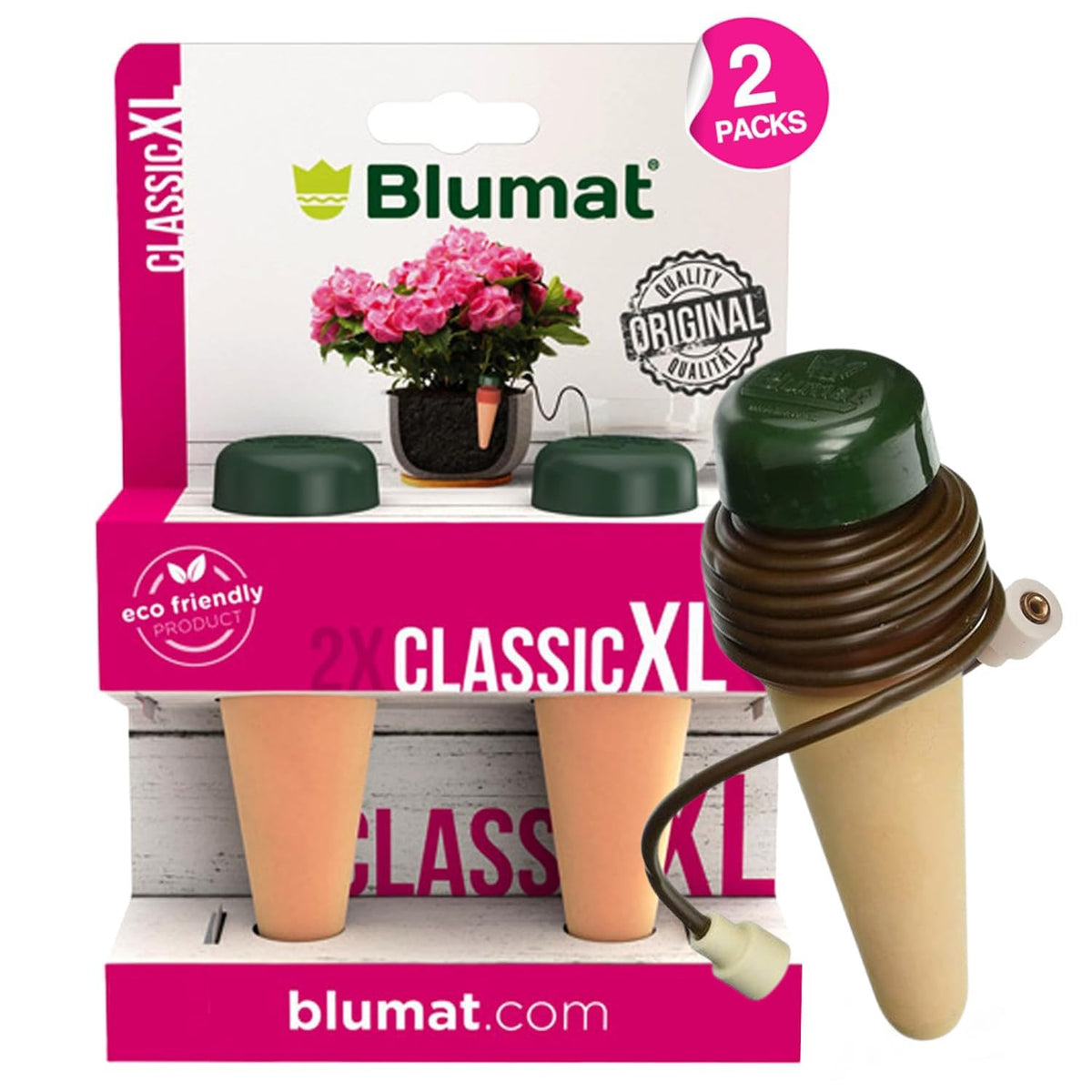 Blumat Classic XL self-watering insert in pot delivering steady hydration for thriving plants.