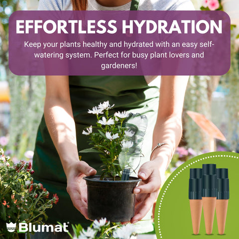 Blumat root watering system gradually nourishes plant roots